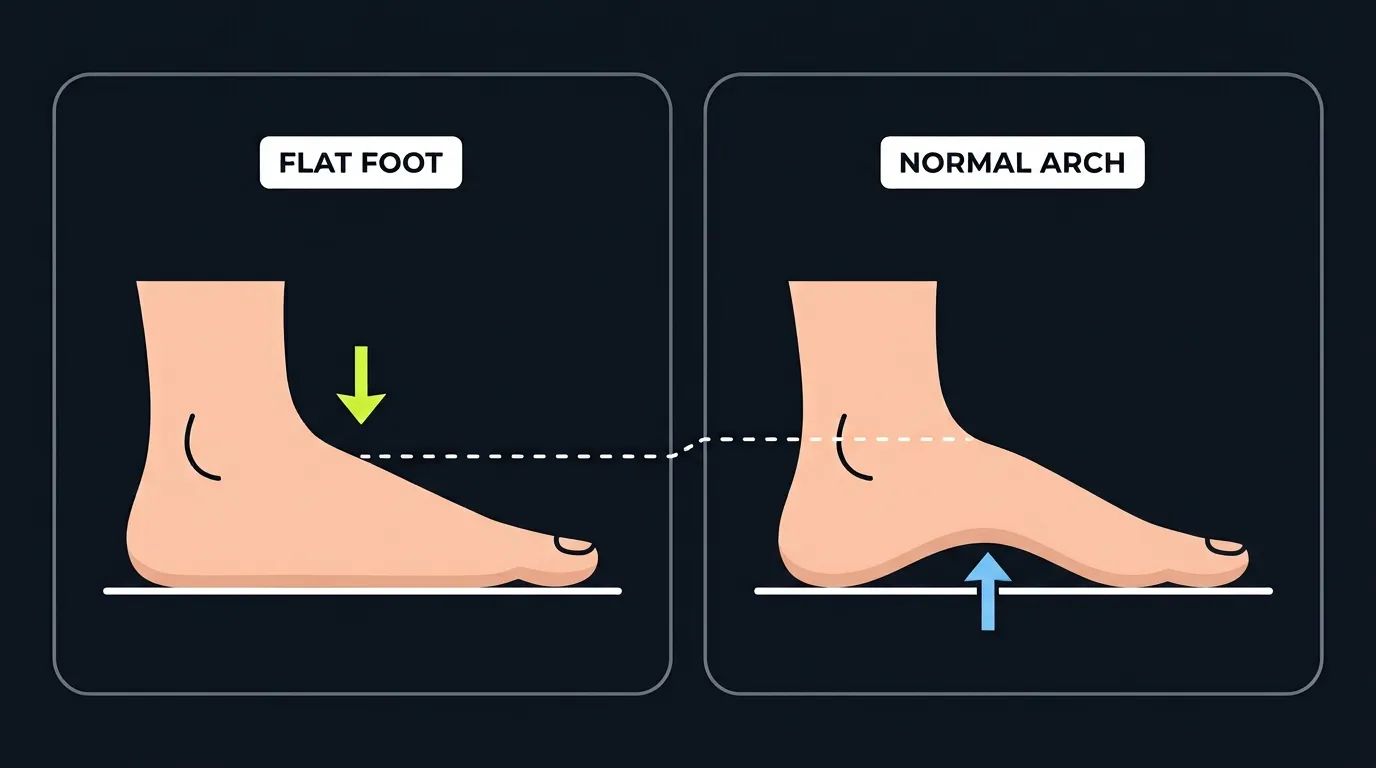 Flat foot versus normal arch comparison for vertical jump athletes, with arch height contrast arrows