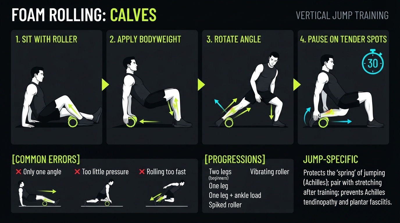 Foam Rolling: Calves 4-step technique breakdown: setup, execution, peak extension, and recovery for vertical jump training