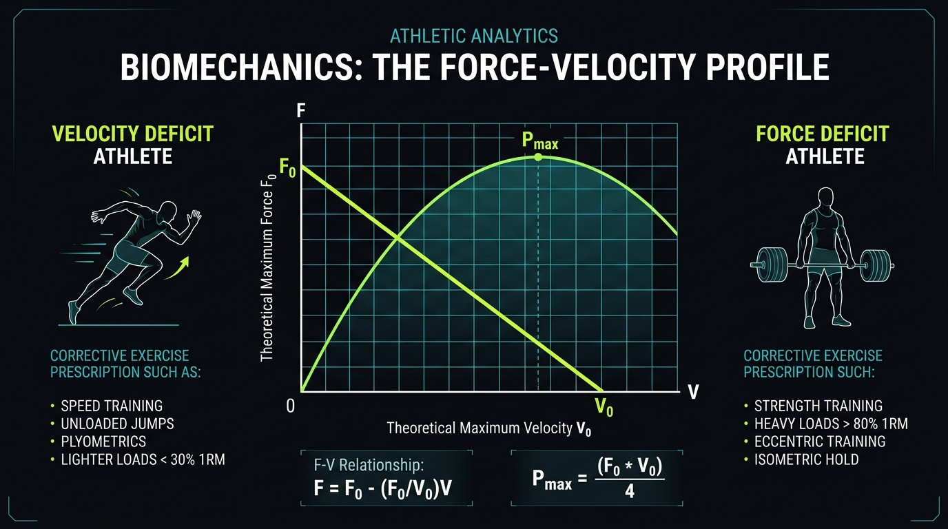Force-Velocity profiling in vertical jumping infographic: F0 theoretical force, V0 maximum velocity, Pmax power envelope, and force versus velocity deficit prescriptions