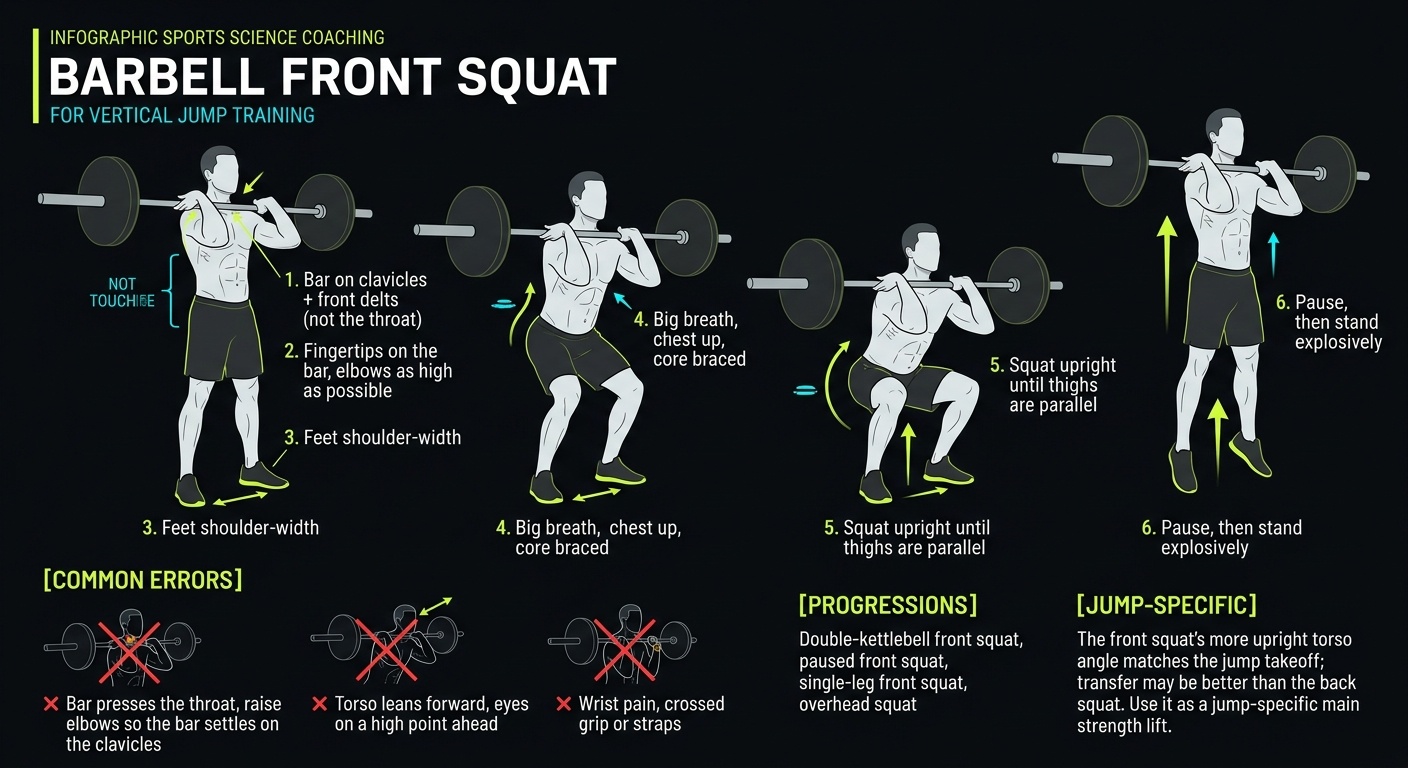 Barbell Front Squat 4-step technique breakdown: setup, execution, peak extension, and recovery for vertical jump training