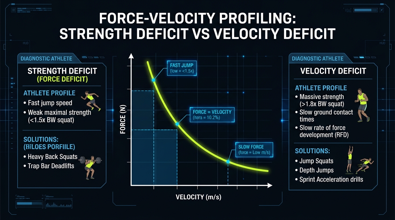 Force-velocity profiling infographic comparing strength deficit versus velocity deficit with force-velocity curve and training solutions
