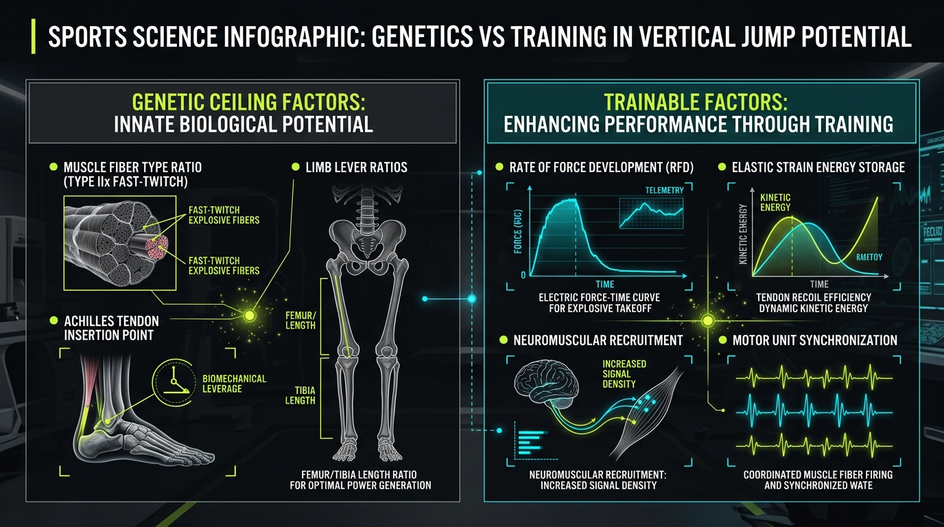 Sports science infographic comparing genetic ceiling factors (muscle fiber types, limb levers) versus trainable physical capacities (RFD, elastic recoil, motor unit recruitment)
