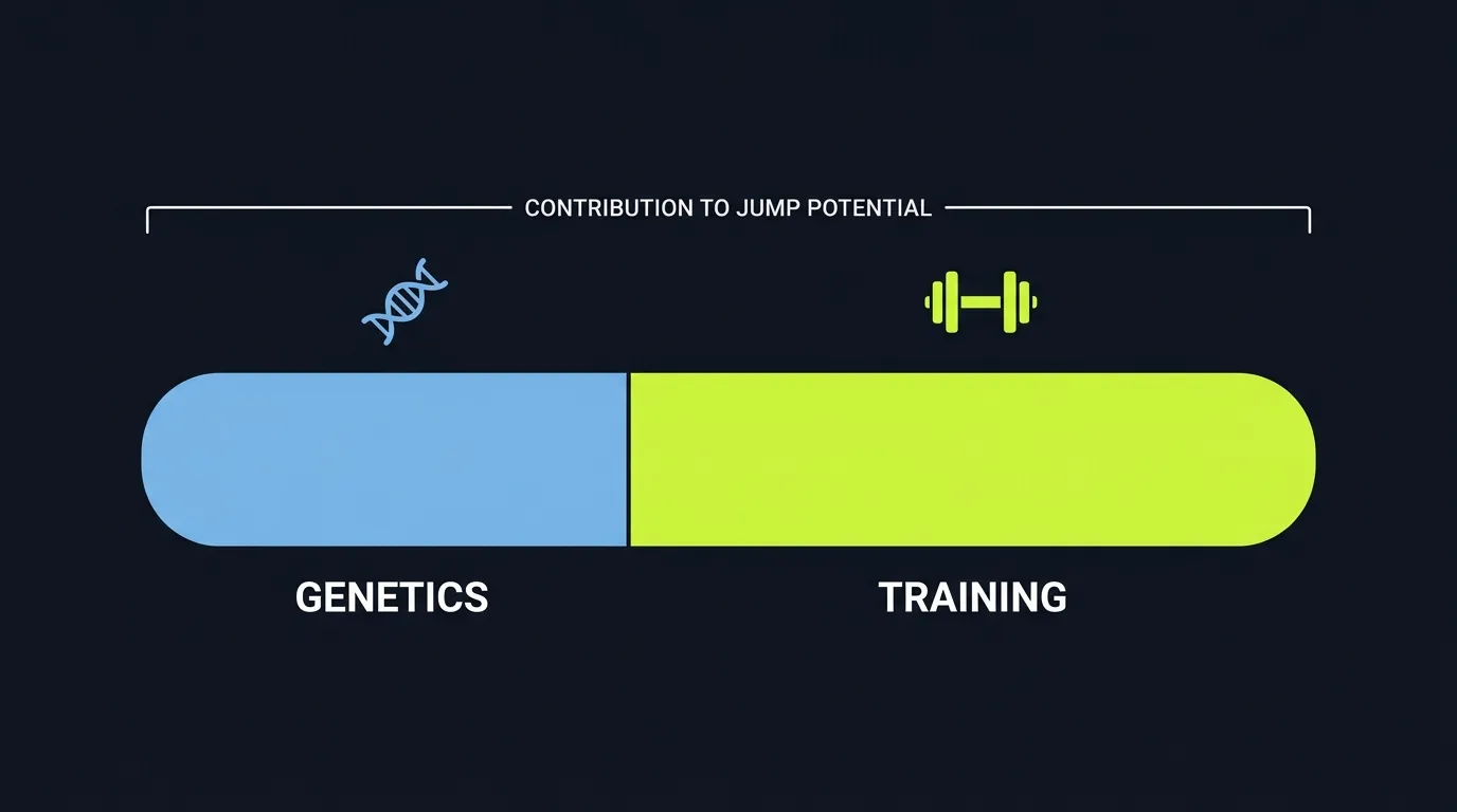 Genetics versus training contribution to jump potential comparison chart, genetics in blue and training in lime green