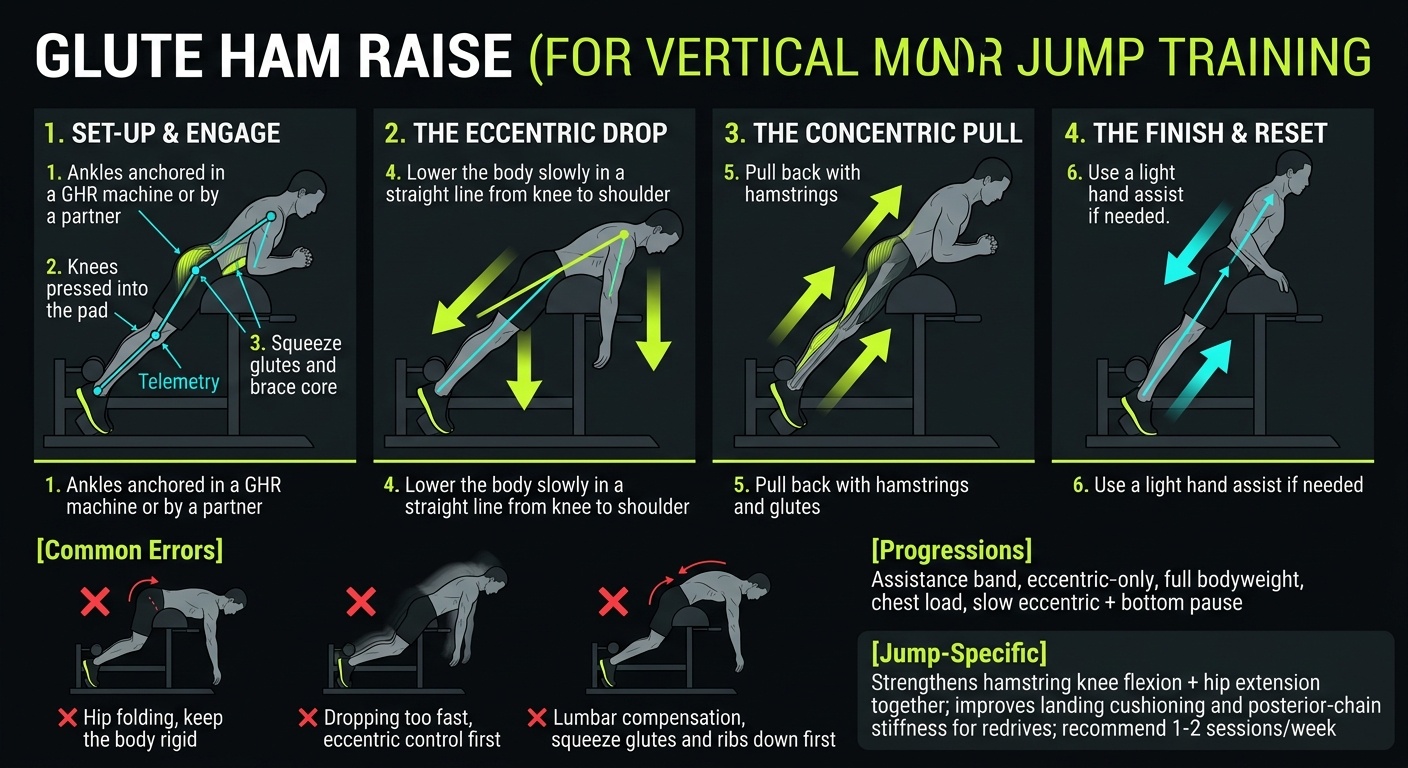 Glute Ham Raise 4-step technique breakdown: setup, execution, peak extension, and recovery for vertical jump training