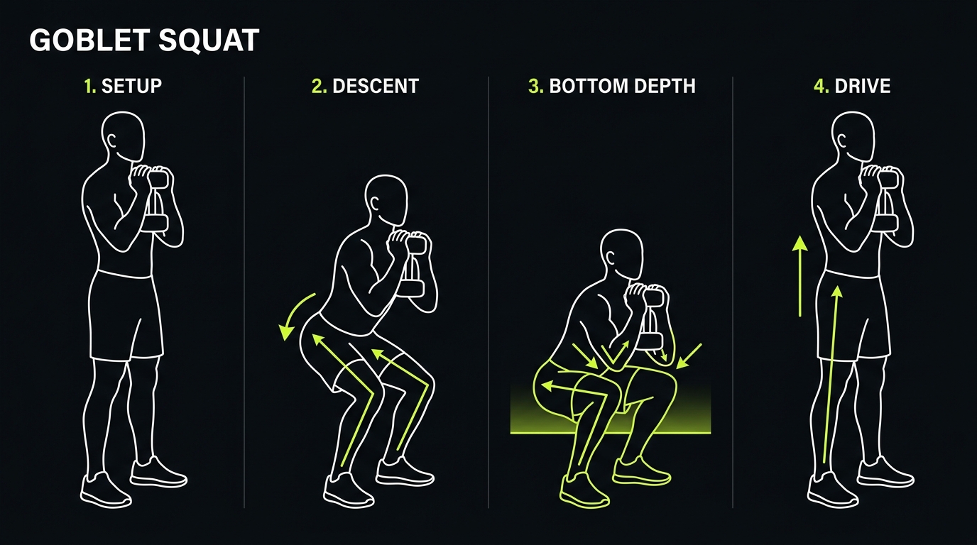 Goblet squat four-step execution breakdown: setup, descent, bottom depth, and drive, with neon direction arrows