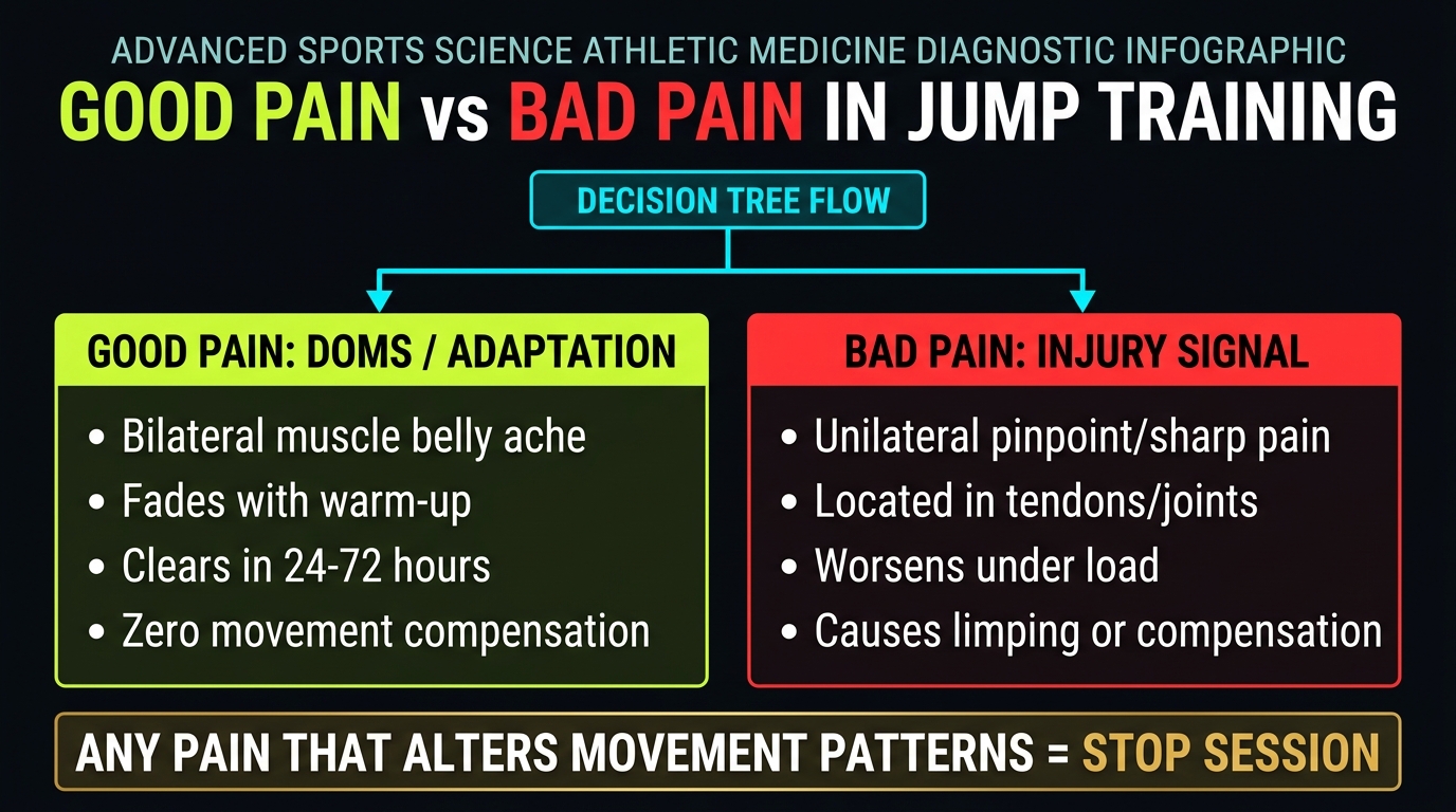 Good pain versus bad pain in jump training diagnostic infographic: DOMS adaptation characteristics versus injury warning signs and the movement alteration stop rule