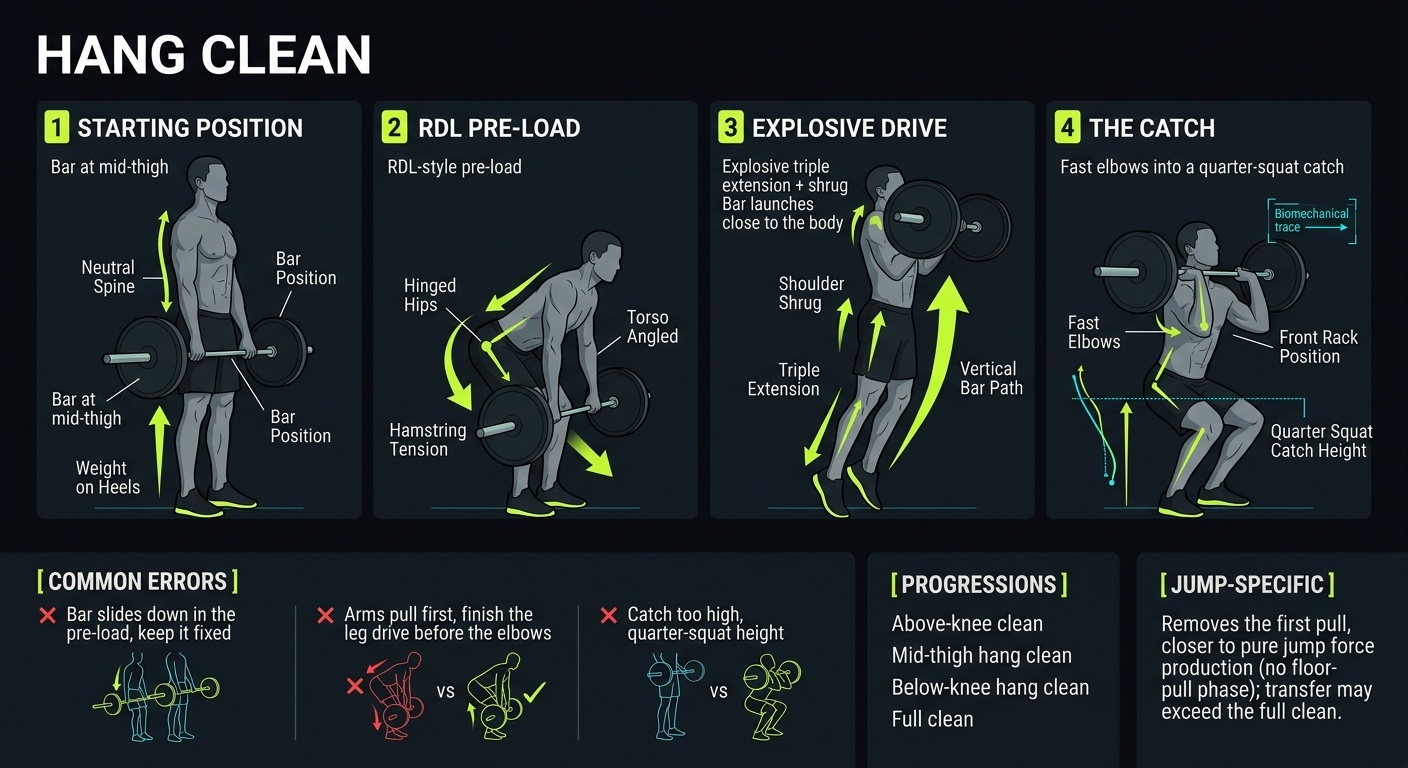 Hang Clean 4-step technique breakdown: setup, execution, peak extension, and recovery for vertical jump training