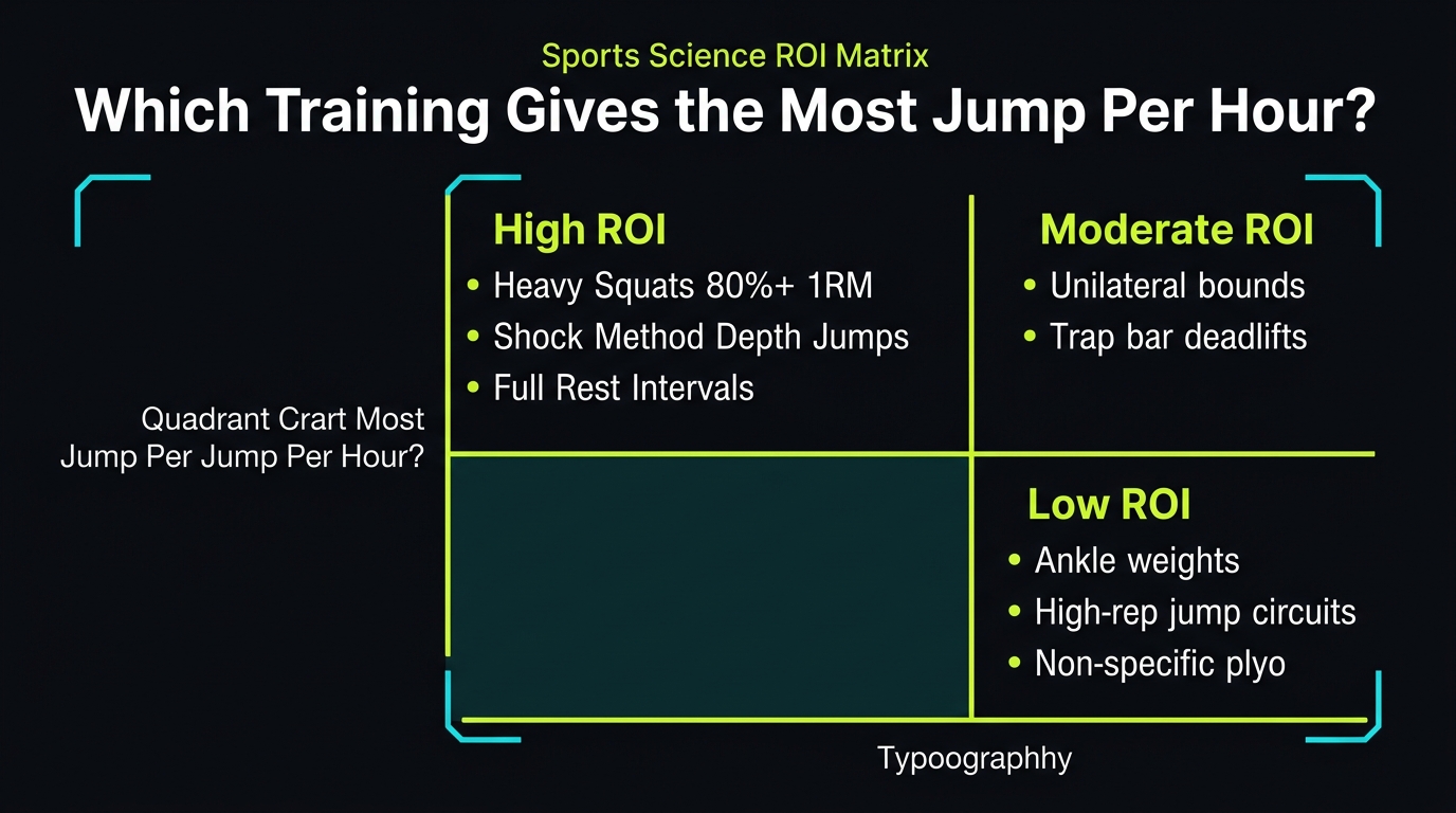 Vertical jump training ROI matrix infographic: high-yield heavy squats and depth jumps versus low-yield circuit conditioning and ankle weights