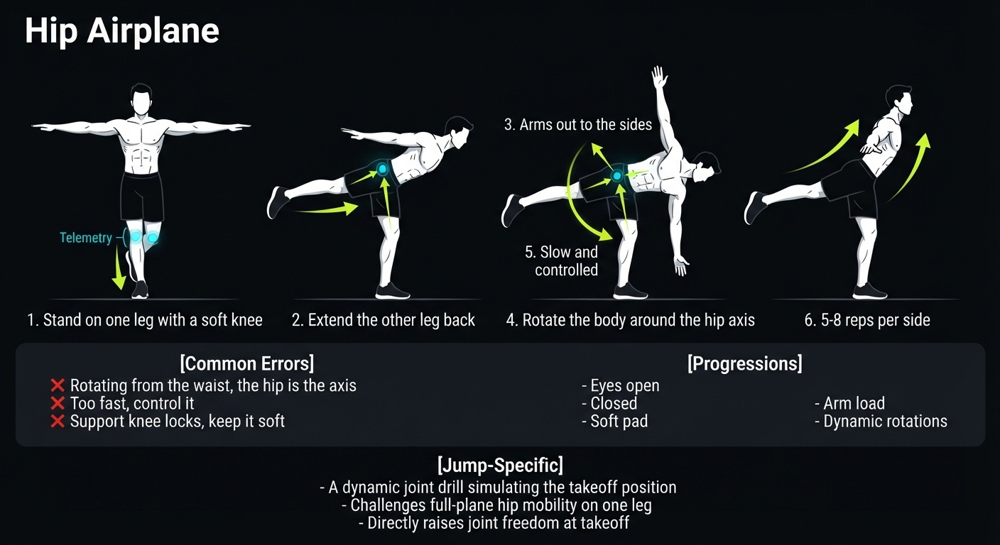 Hip Airplane 4-step technique breakdown: setup, execution, peak extension, and recovery for vertical jump training