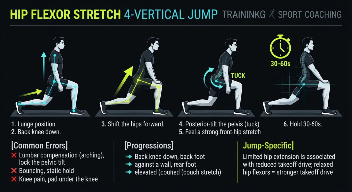 Hip Flexor Stretch 4-step technique breakdown: setup, execution, peak extension, and recovery for vertical jump training