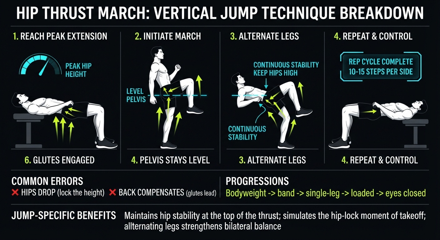 Hip Thrust March 4-step technique breakdown: reach peak extension, initiate march, alternate legs, and repeat with level pelvis for vertical jump stability