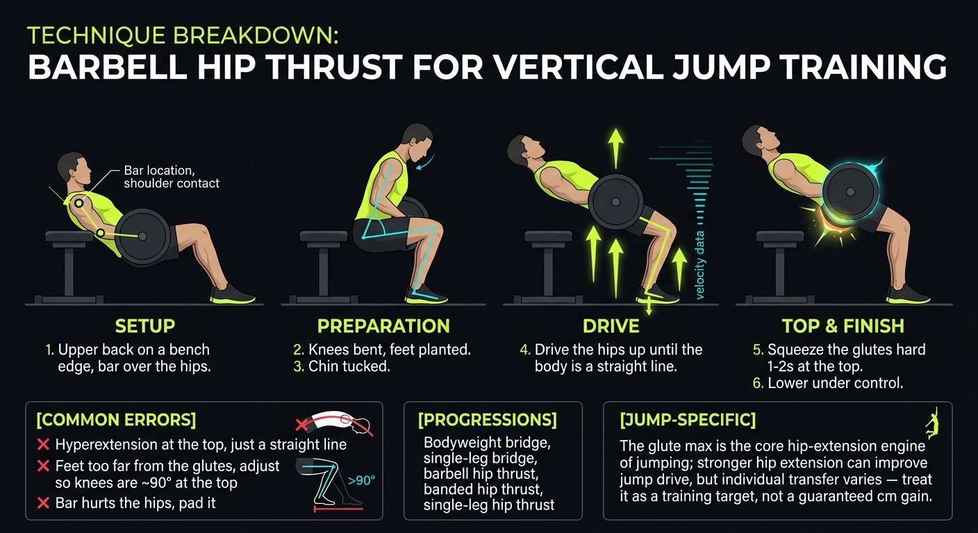 Barbell Hip Thrust 4-step technique breakdown: setup, preparation, drive, and top finish for vertical jump training