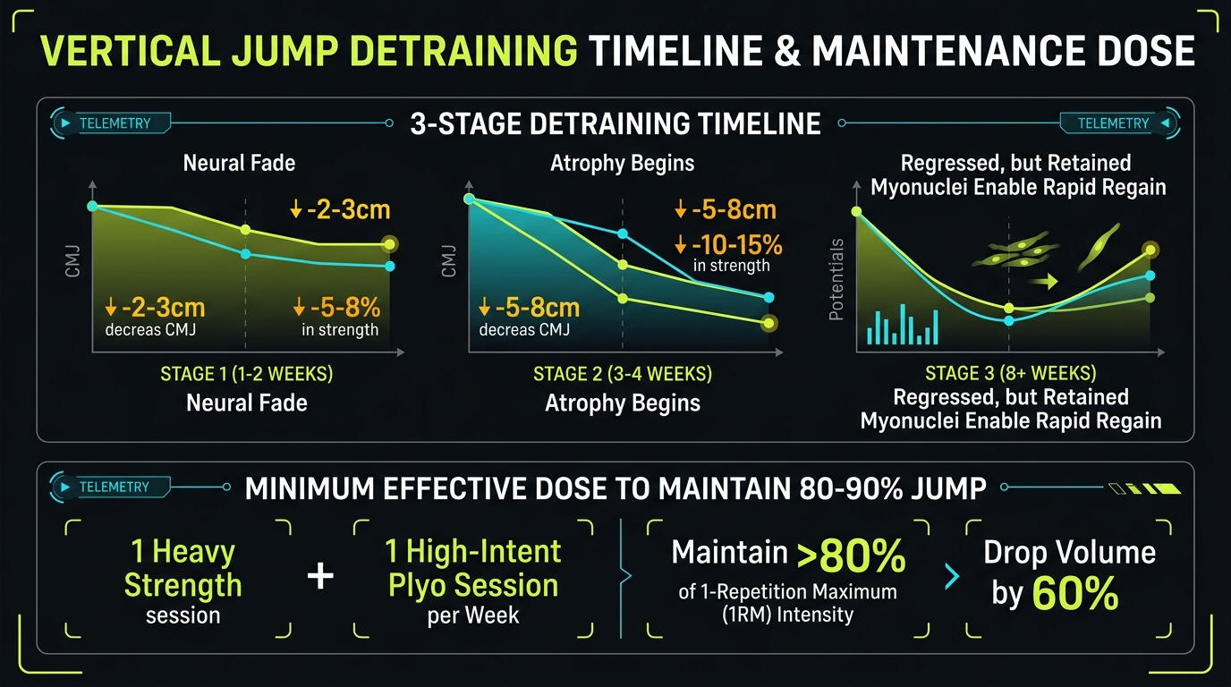 Vertical jump detraining timeline and minimum effective maintenance dose infographic: neural decline at 1-2 weeks, atrophy at 3-4 weeks, and weekly micro-dose protocol