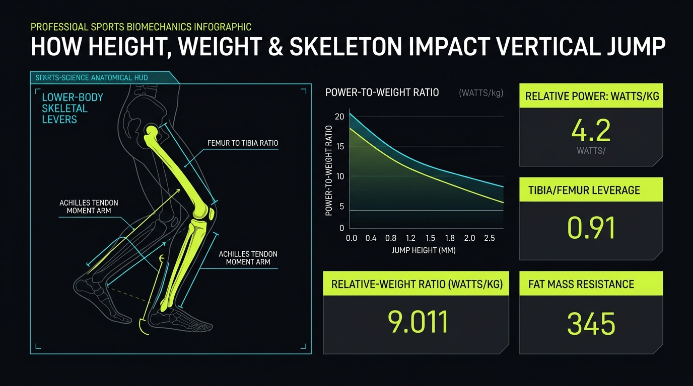 How height, weight, and skeletal biomechanics impact vertical jump performance: skeletal lever arm ratios, power-to-weight ratio in Watts/kg, and inertial resistance