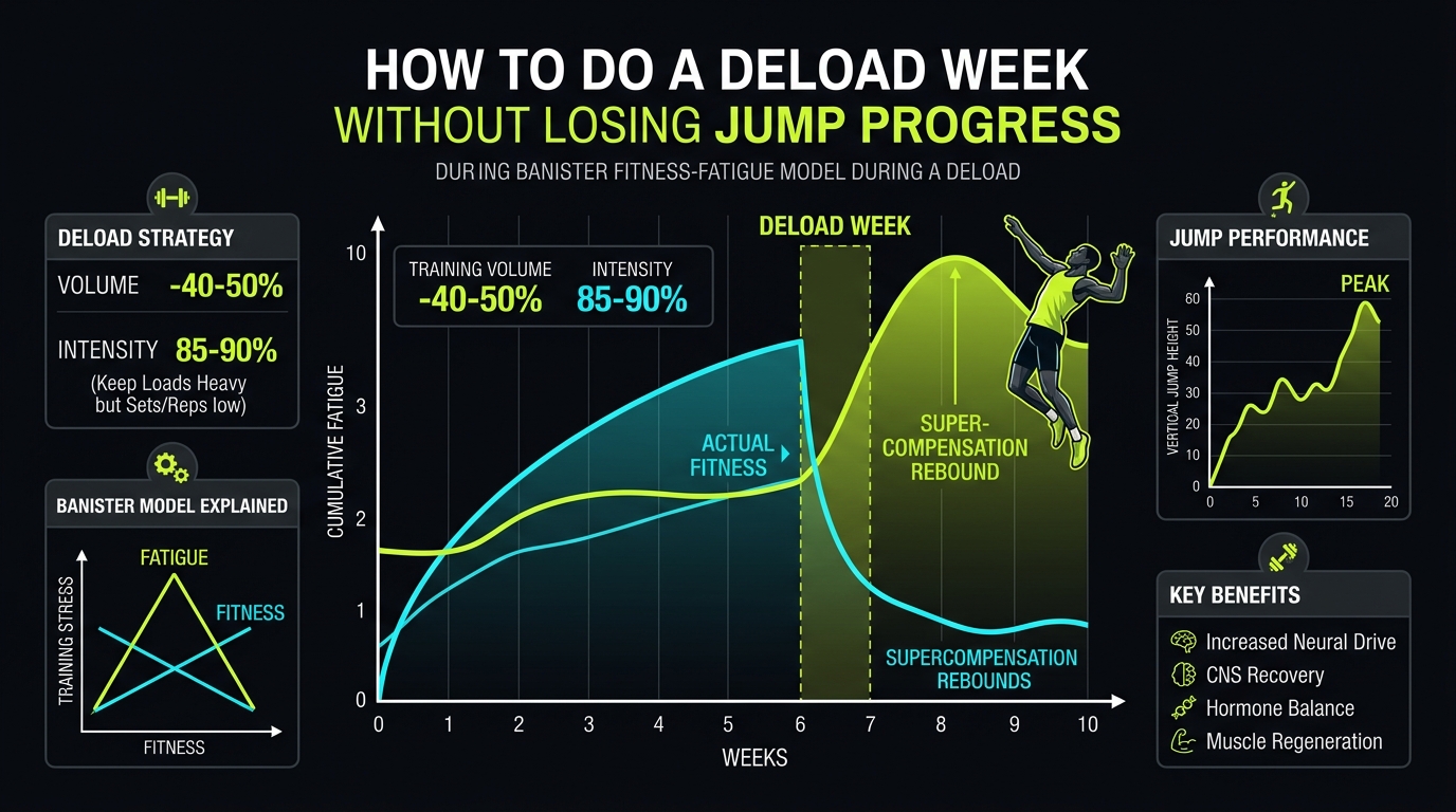 Deload week science in vertical jump training infographic: Banister fitness-fatigue model, 40-50% volume drop, and supercompensation rebound peak