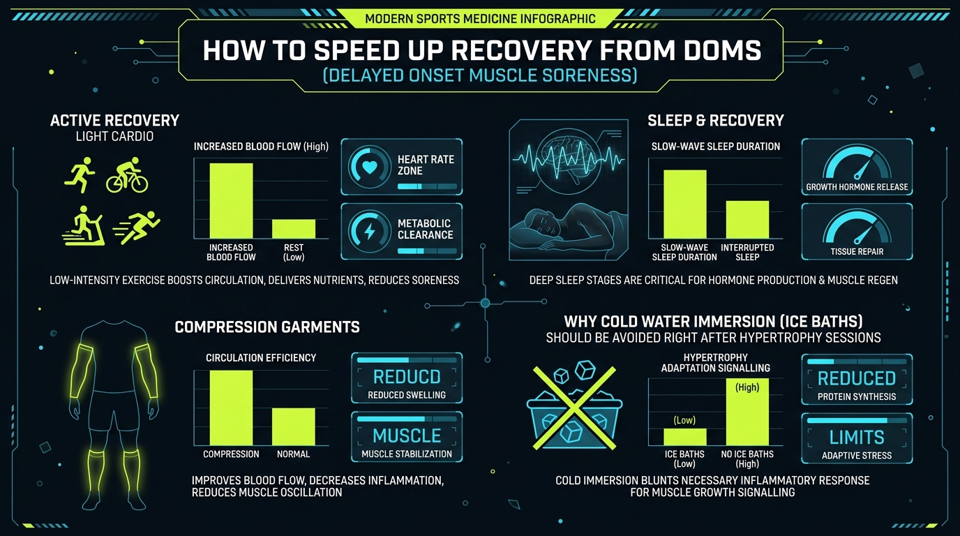 DOMS muscle soreness recovery protocols infographic: active recovery blood flow, sleep architecture growth hormone release, and contrast therapy versus cold water immersion