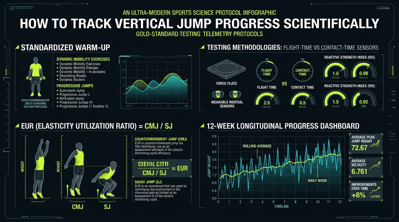 Scientific vertical jump tracking protocol infographic: contact time sensors, flight time calculation, Elasticity Utilization Ratio EUR, and rolling average progress dashboard