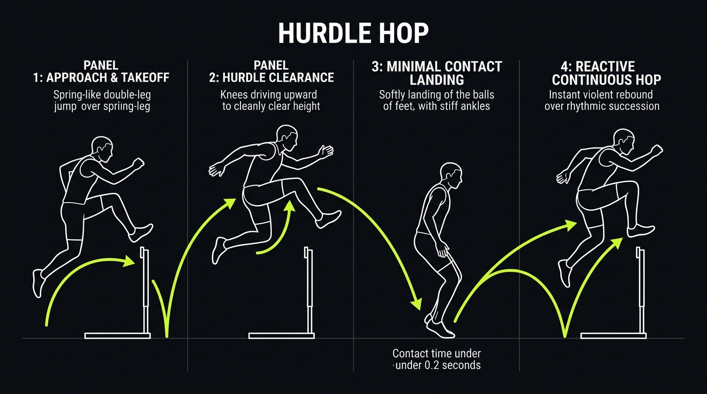 Hurdle hop continuous bouncing breakdown: spring-like takeoff, hurdle height clearance, minimal ground contact under 0.2s, and reactive rebound
