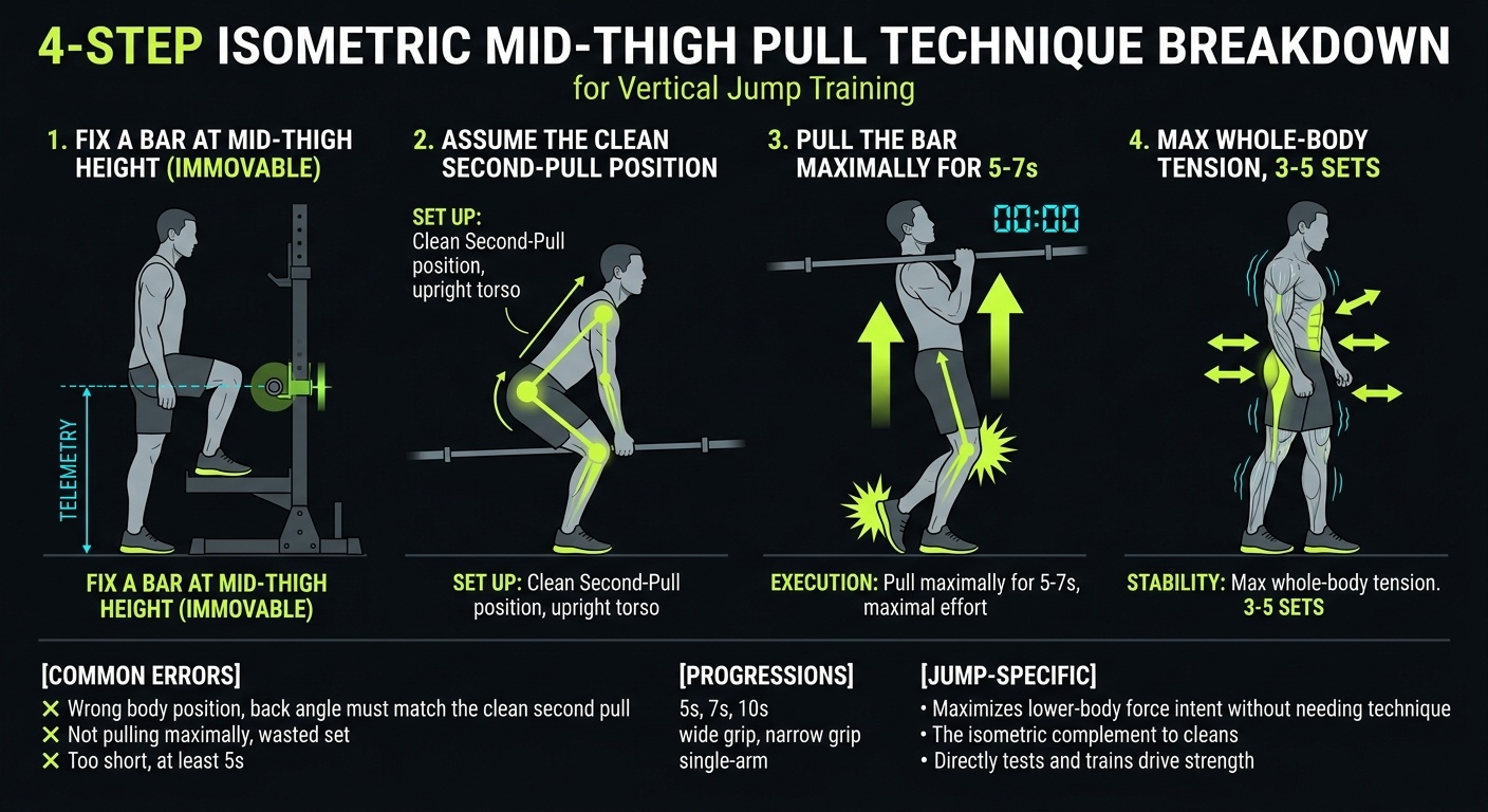Isometric Mid-Thigh Pull 4-step technique breakdown: setup, execution, peak extension, and recovery for vertical jump training