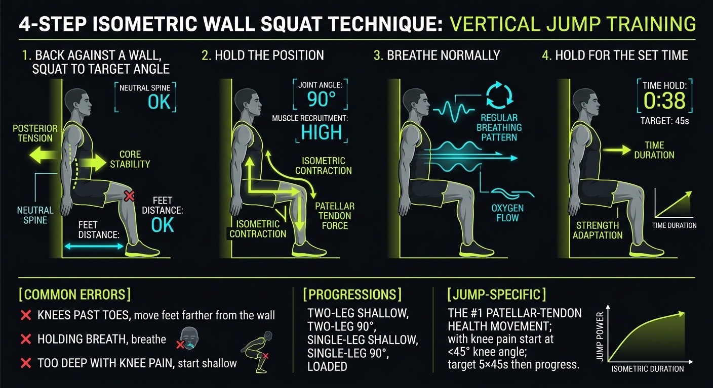 Isometric Wall Squat 4-step technique breakdown: setup, execution, peak extension, and recovery for vertical jump training