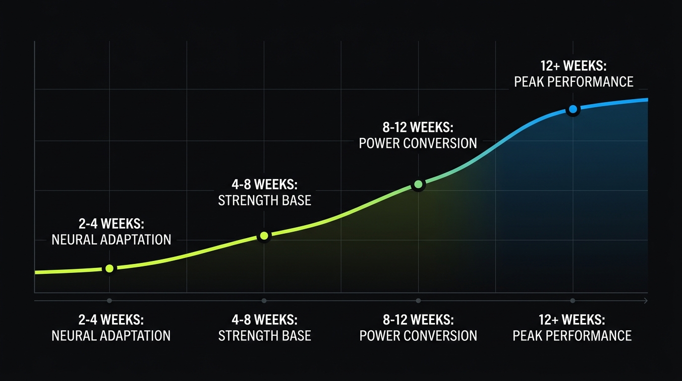 Vertical jump adaptation timeline over 12 weeks showing neural adaptation, strength base, power conversion, and peak performance phases