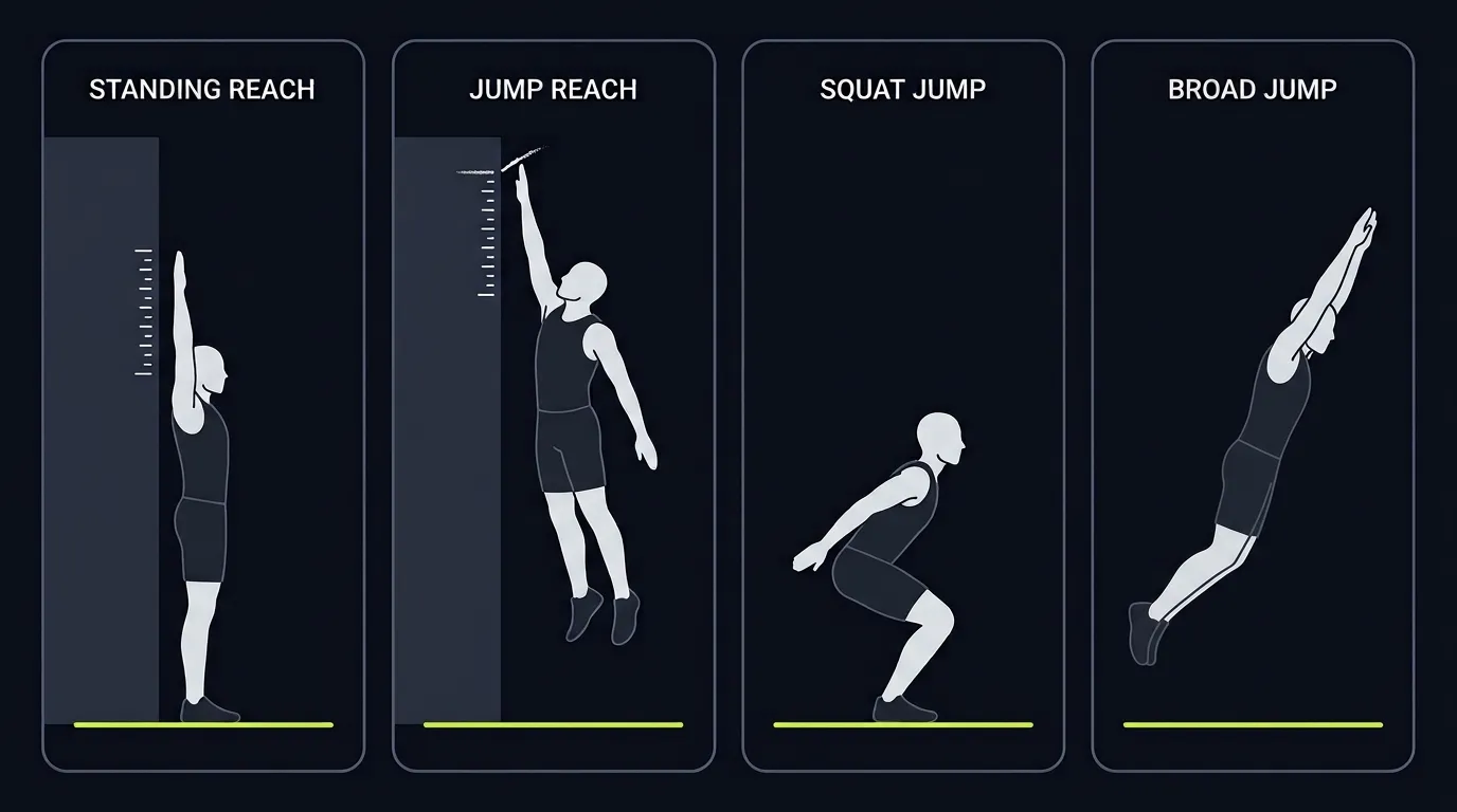 Vertical jump assessment test setup: standing reach, jump reach, squat jump and broad jump panels