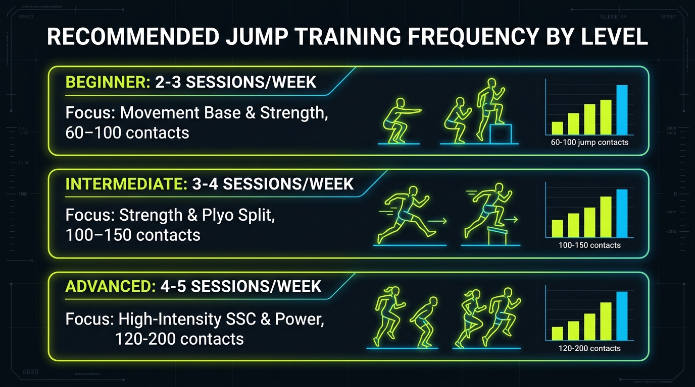 Recommended jump training frequency by experience level chart, comparing beginner 2-3 sessions, intermediate 3-4 sessions, and advanced 4-5 sessions with foot contact volumes