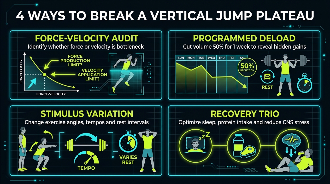 Four proven ways to break a vertical jump plateau infographic: force-velocity audit, programmed deload, stimulus variation, and recovery trio