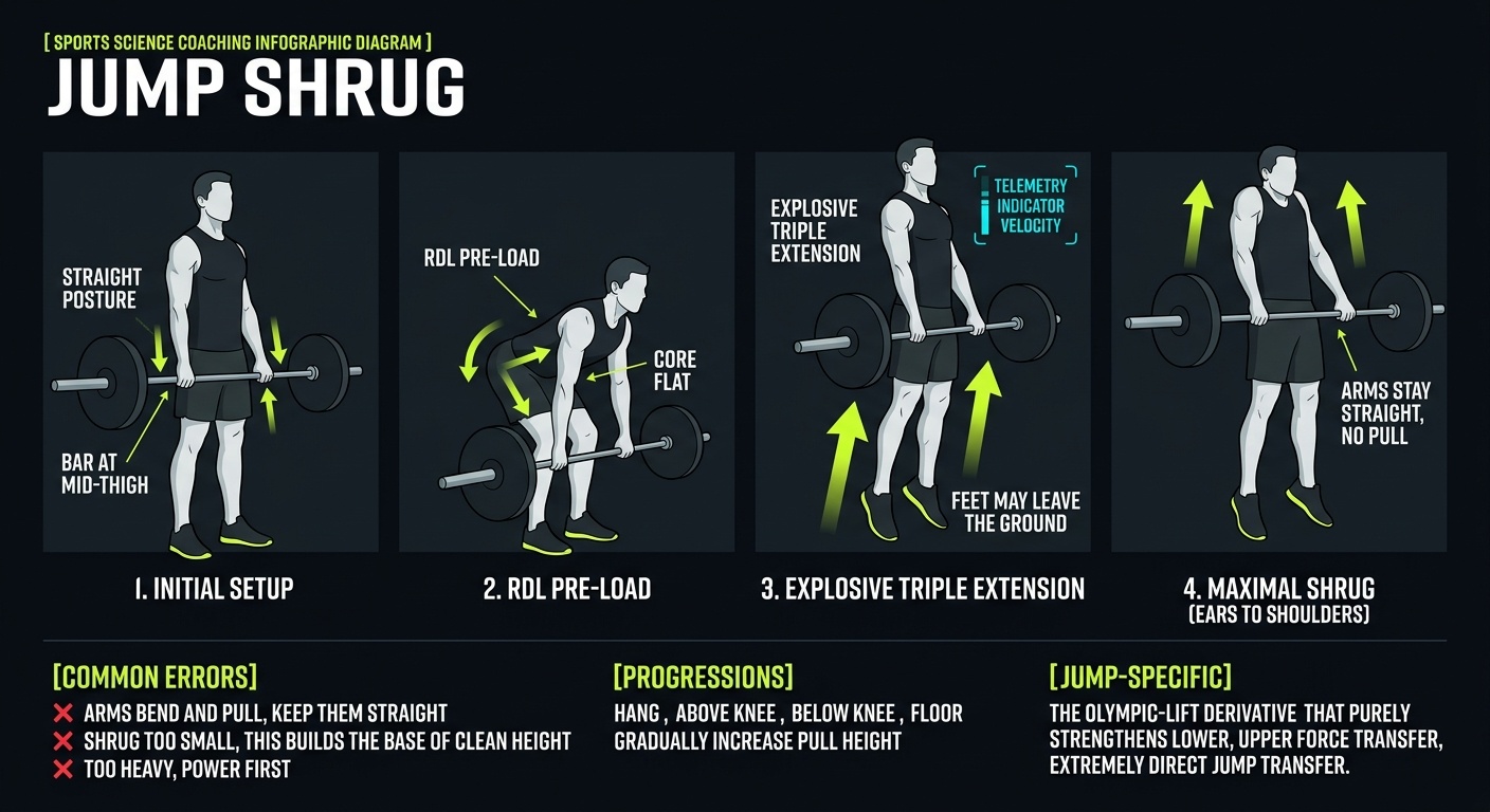 Jump Shrug 4-step technique breakdown: setup, execution, peak extension, and recovery for vertical jump training