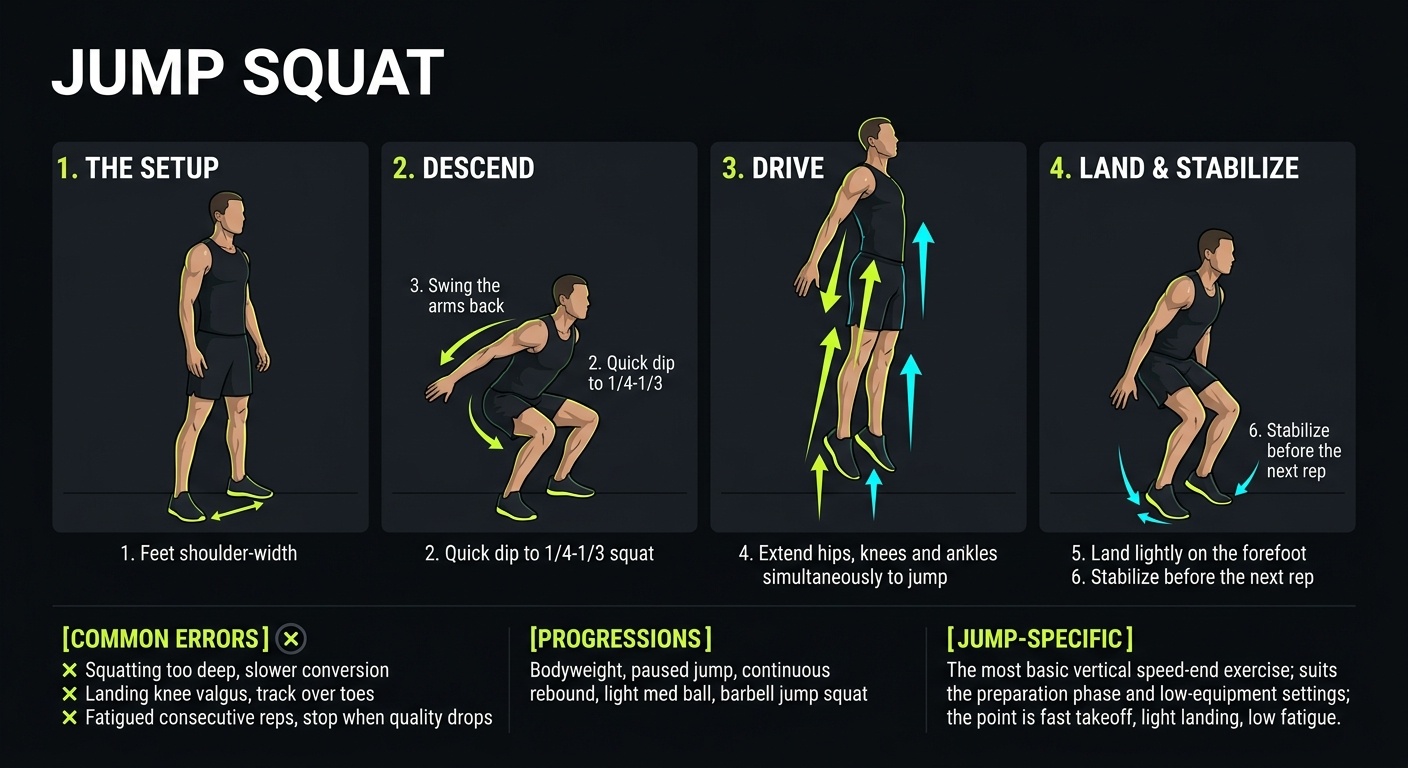 Jump Squat 4-step technique breakdown: setup, execution, peak extension, and recovery for vertical jump training