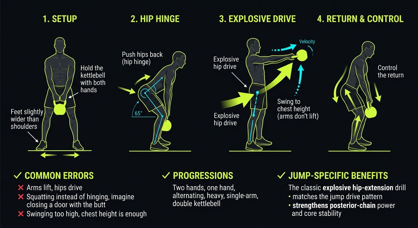 Kettlebell Swing 4-step technique breakdown: setup, execution, peak extension, and recovery for vertical jump training