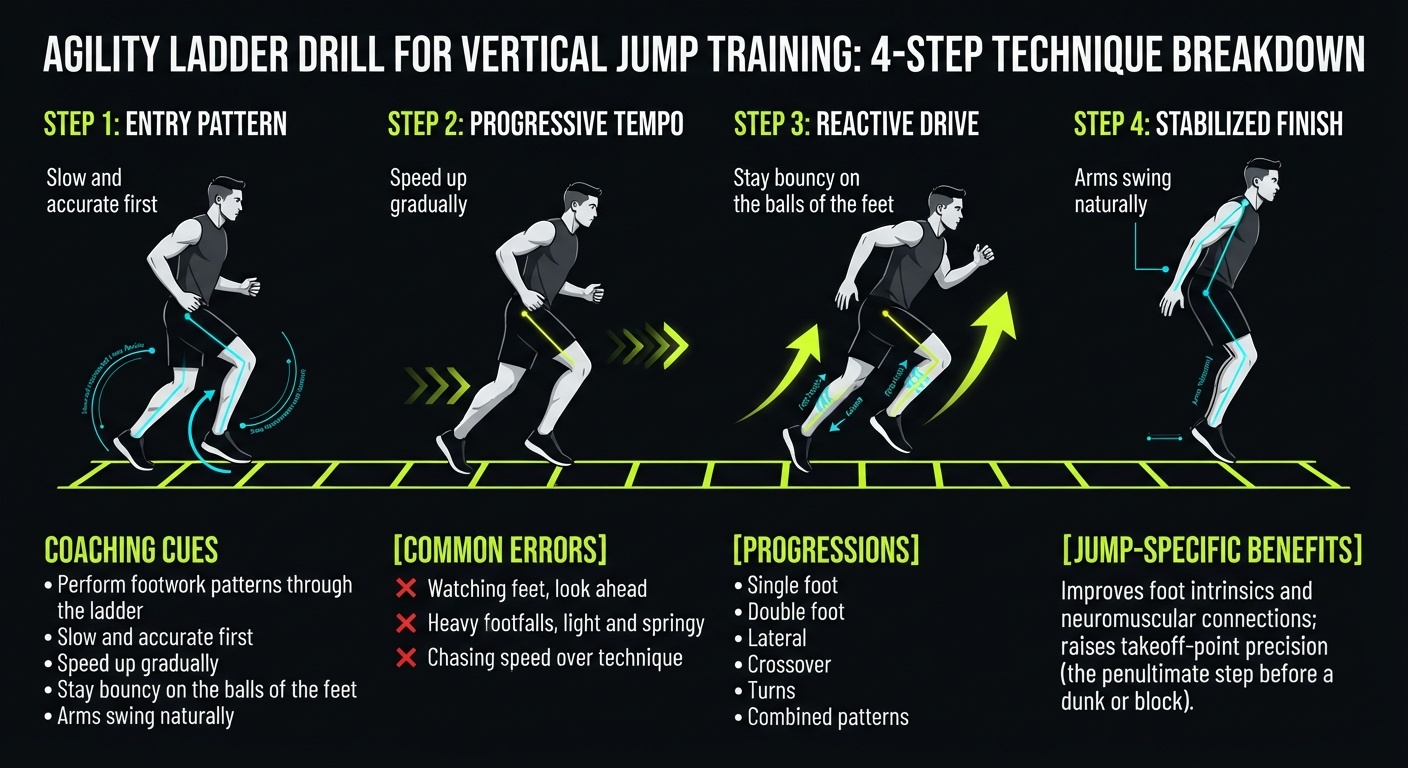 Agility Ladder Drill 4-step technique breakdown: setup, execution, peak extension, and recovery for vertical jump training