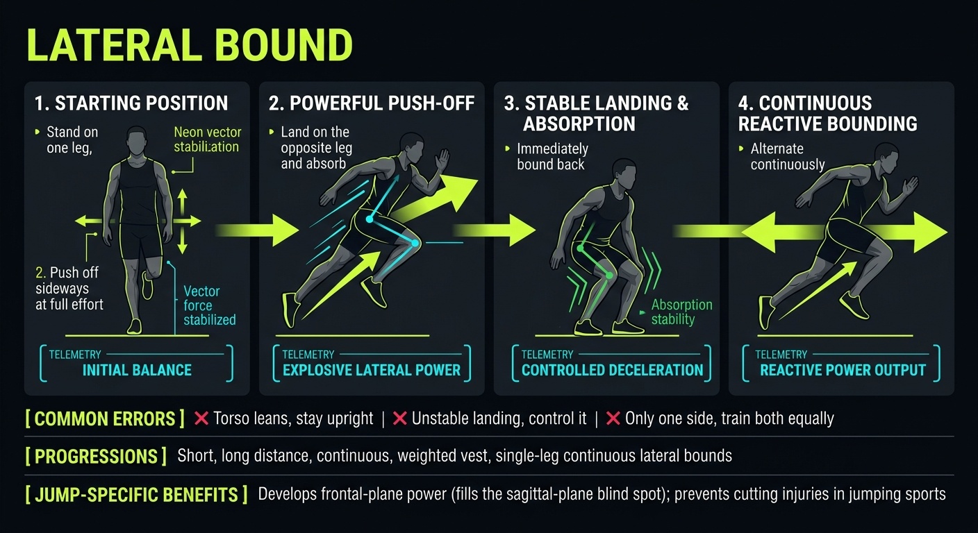 Lateral Bound 4-step technique breakdown: setup, execution, peak extension, and recovery for vertical jump training
