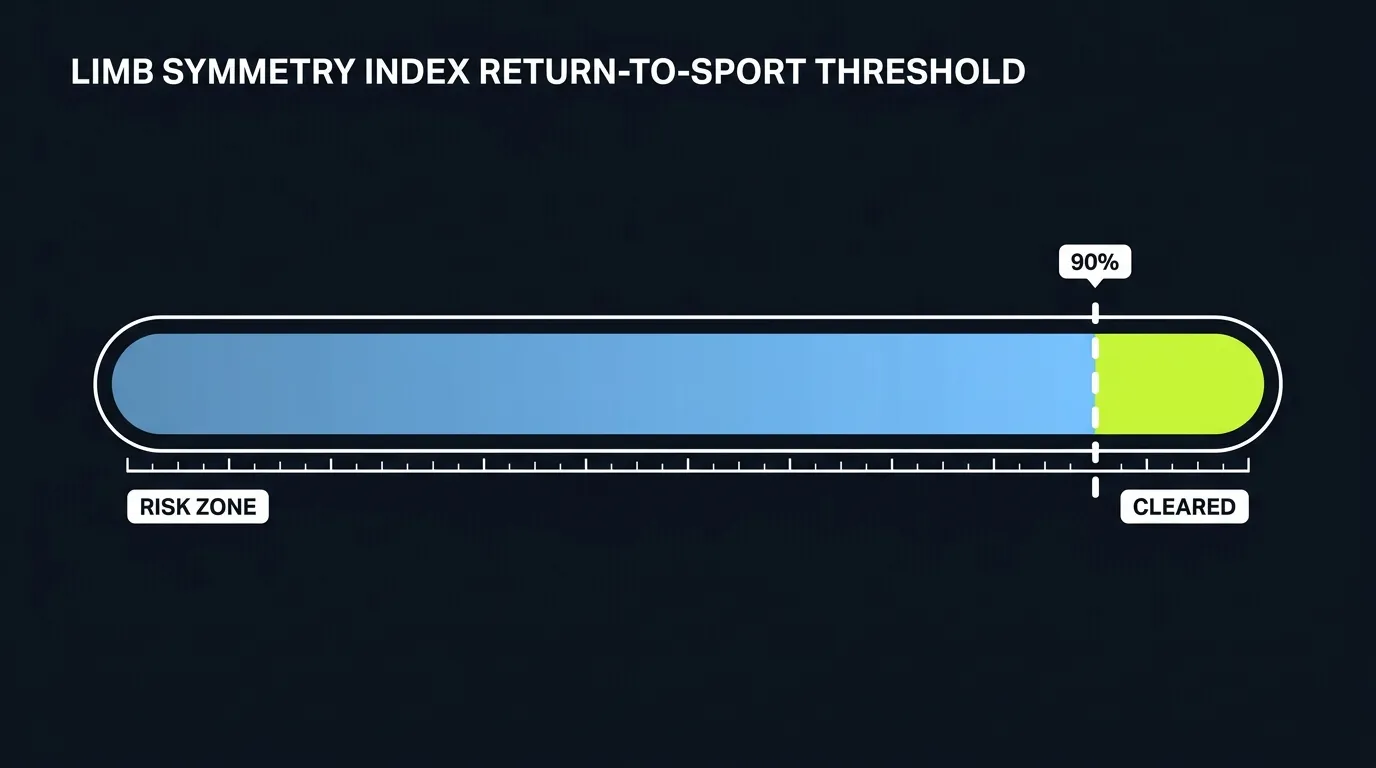 Limb symmetry index return-to-sport threshold at 90%, risk zone in blue and cleared zone in lime green