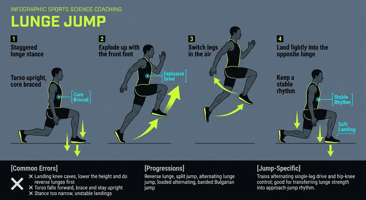 Lunge Jump 4-step technique breakdown: setup, execution, peak extension, and recovery for vertical jump training