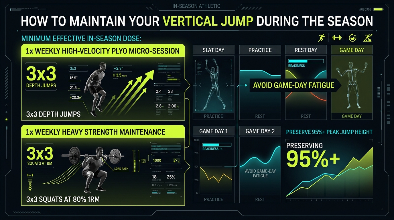 In-season vertical jump maintenance micro-dose protocol: 2 weekly short sessions balancing competition schedule, preserving tendon elasticity and 95%+ jump height
