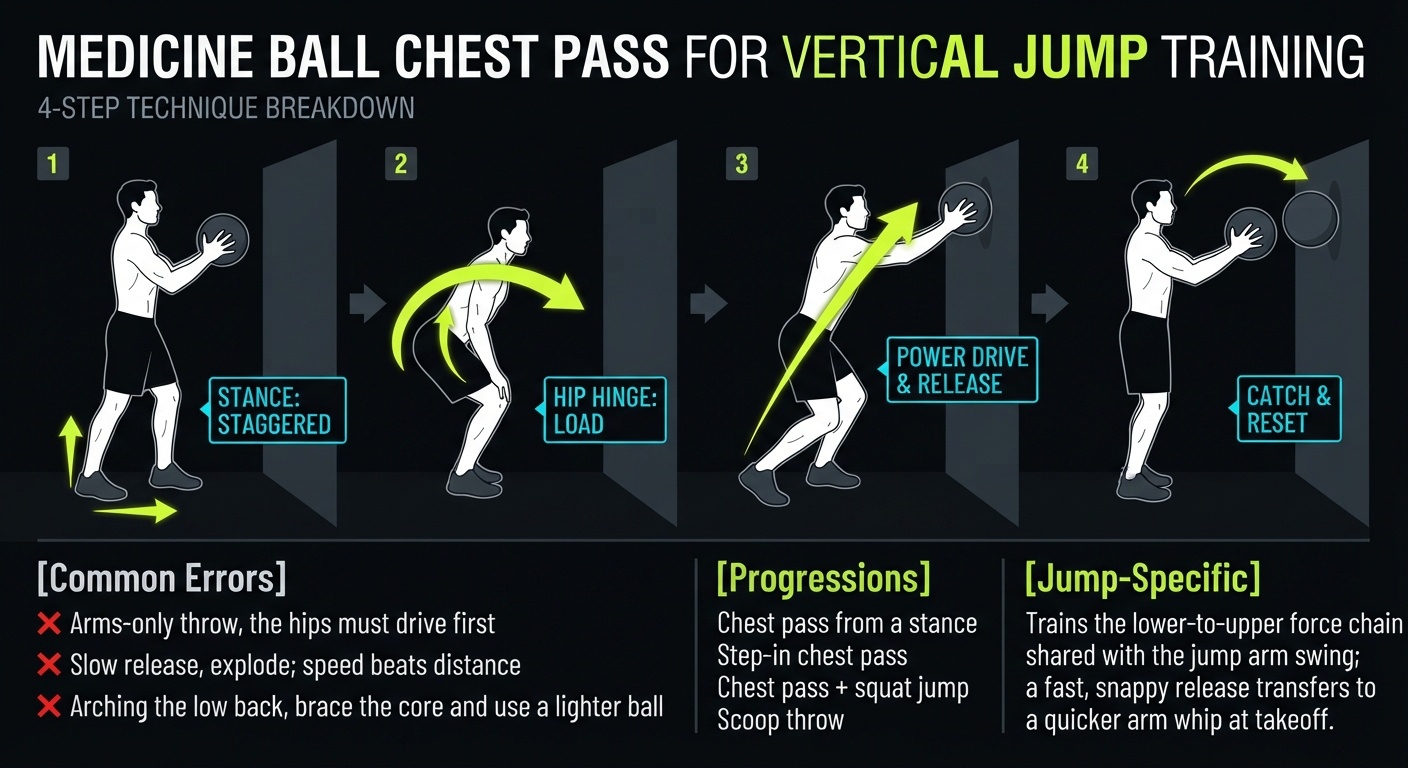 Medicine Ball Chest Pass 4-step technique breakdown: setup, execution, peak extension, and recovery for vertical jump training