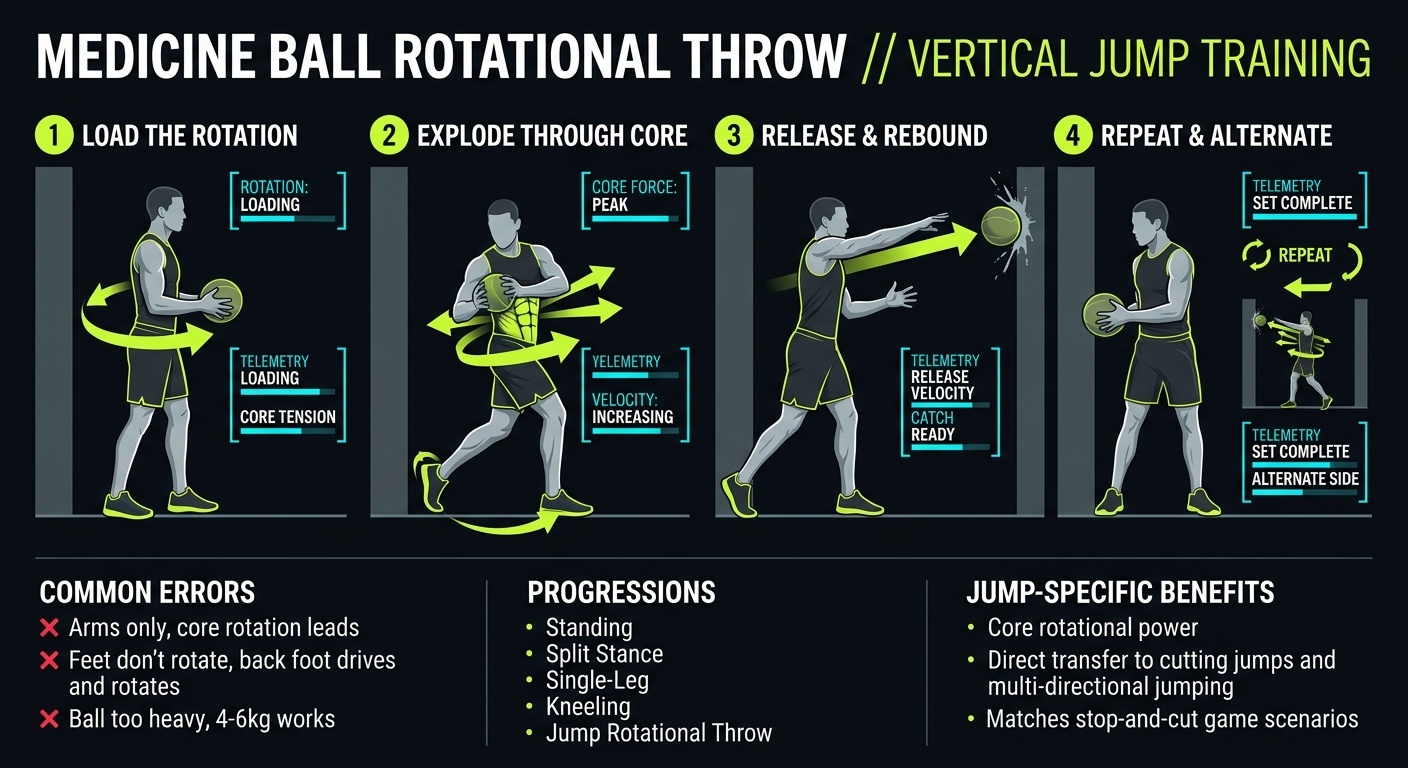 Medicine Ball Rotational Throw 4-step technique breakdown: setup, execution, peak extension, and recovery for vertical jump training