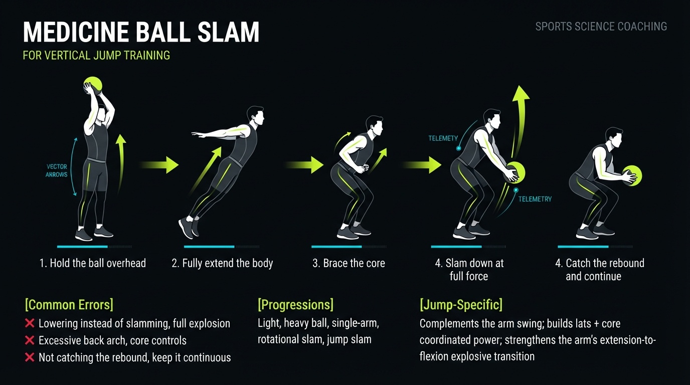 Medicine Ball Slam 4-step technique breakdown: setup, execution, peak extension, and recovery for vertical jump training