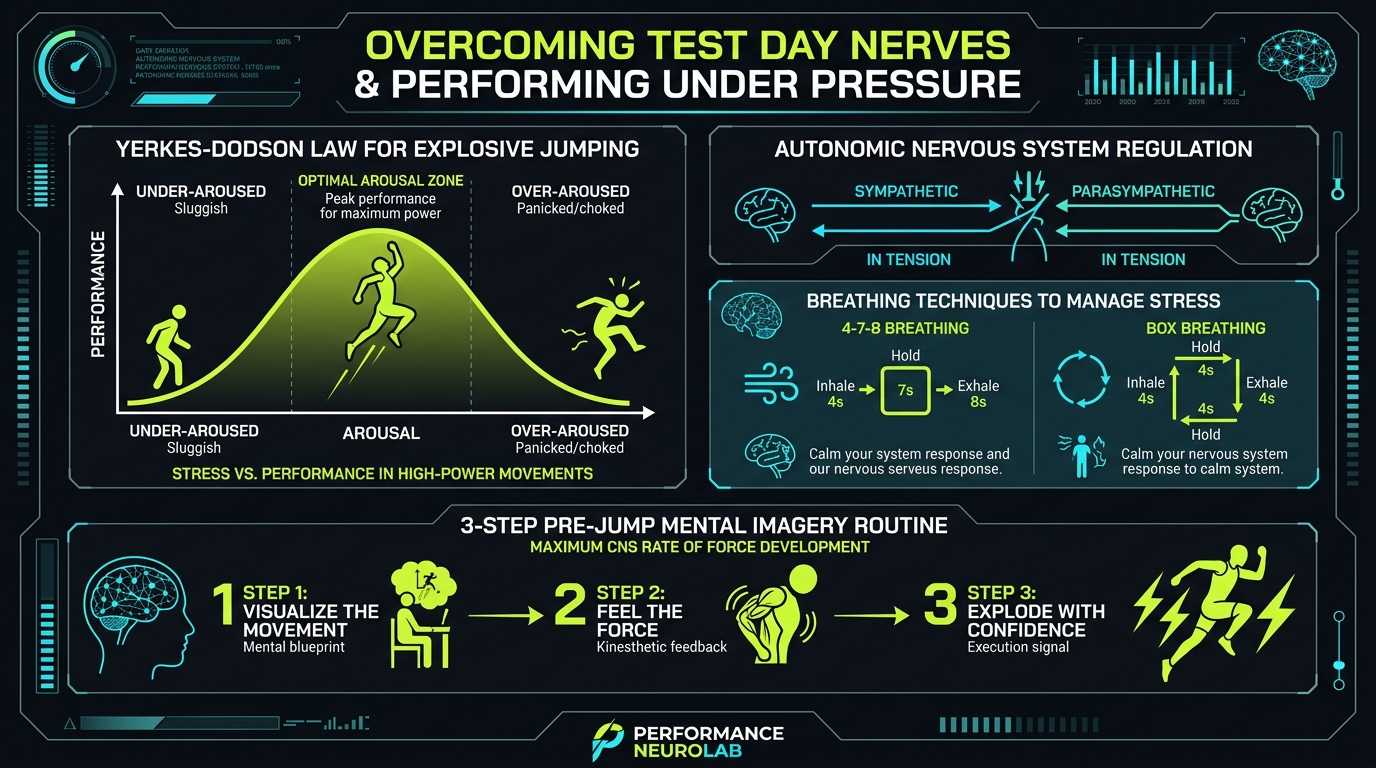 Sports psychology for jump testing infographic: Yerkes-Dodson optimal arousal curve, autonomic nervous regulation, and pre-jump cognitive visualization routines