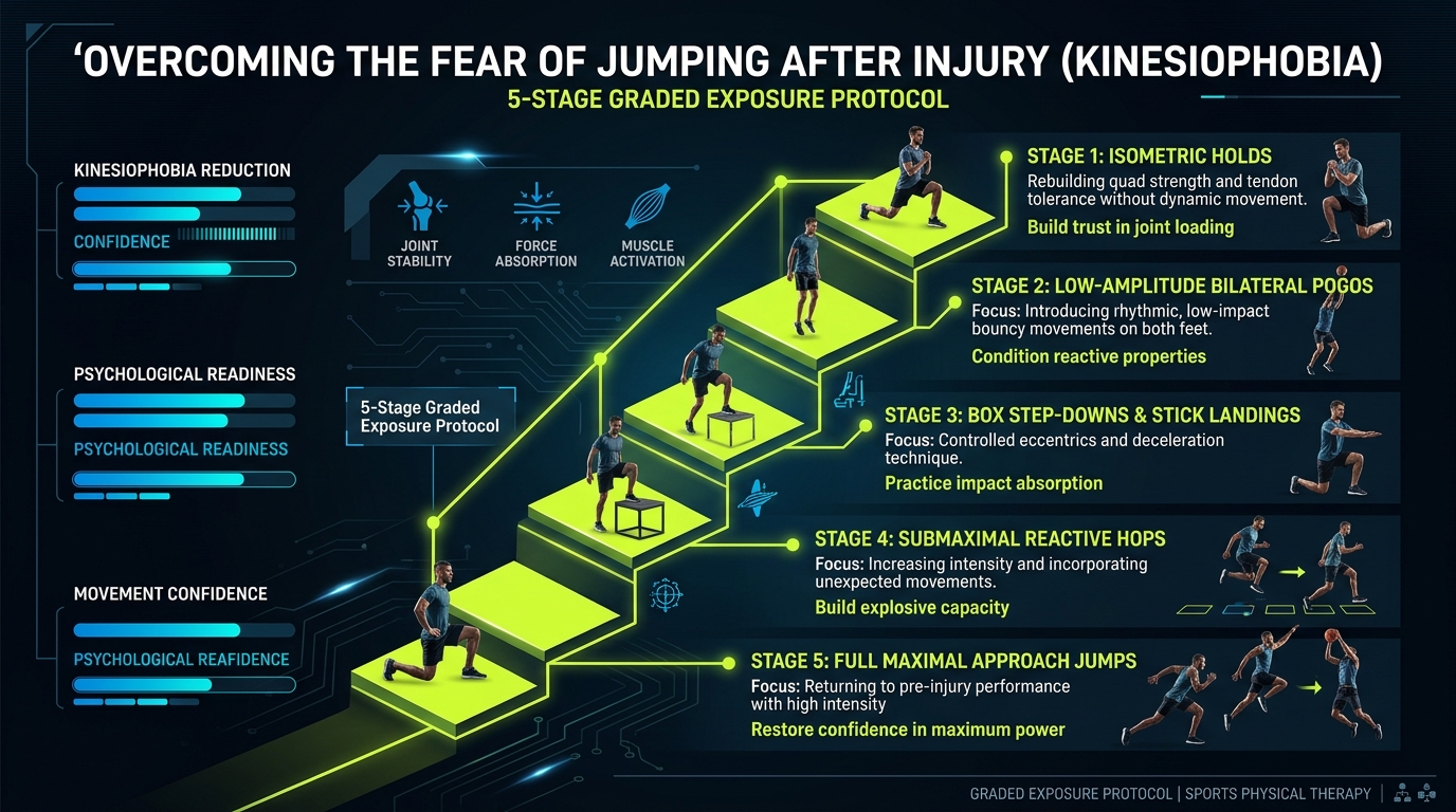 Kinesiophobia and graded jump exposure ladder infographic: 5 progressive stages from isometric tendon loading to full maximal reactive jump takeoff