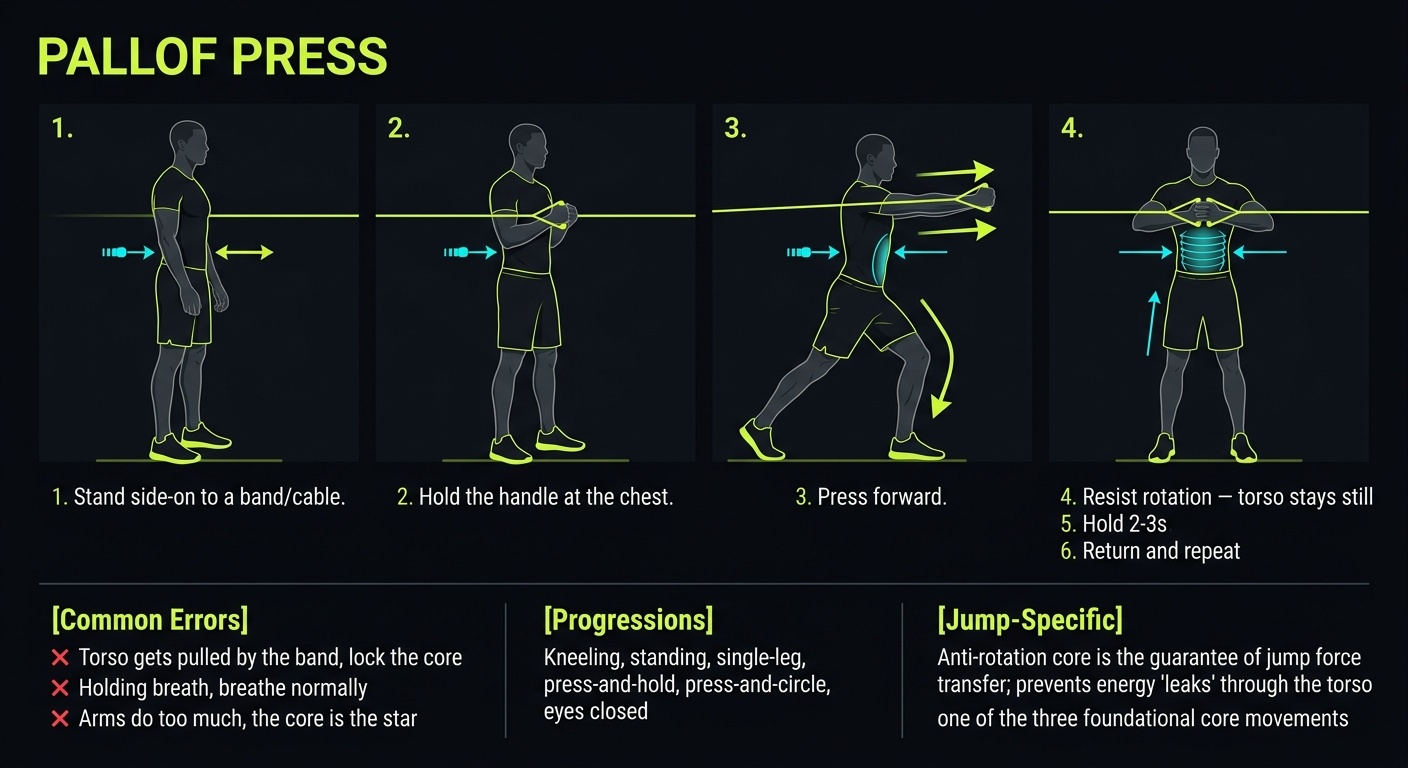 Pallof Press 4-step technique breakdown: setup, execution, peak extension, and recovery for vertical jump training