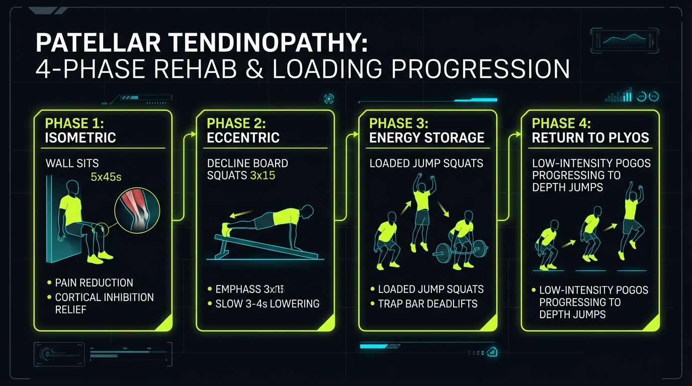 Patellar tendinopathy four-phase loading progression: isometrics wall sits, eccentric decline squats, energy storage, and return to plyometrics
