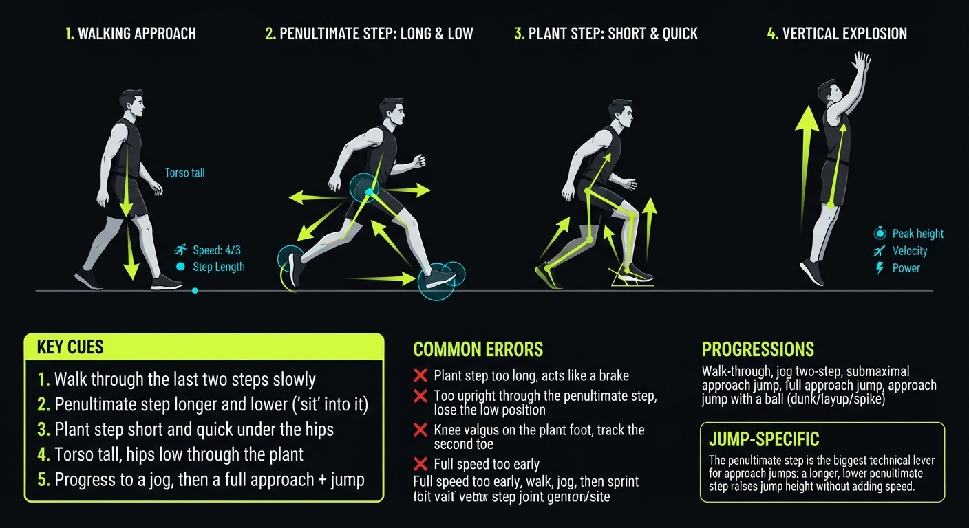 Penultimate Step Drill 4-step technique breakdown: setup, execution, peak extension, and recovery for vertical jump training