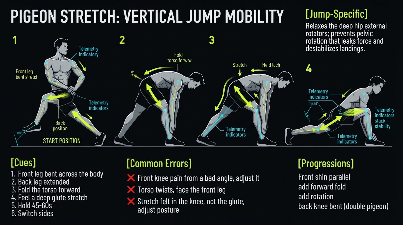Pigeon Stretch 4-step technique breakdown: setup, execution, peak extension, and recovery for vertical jump training