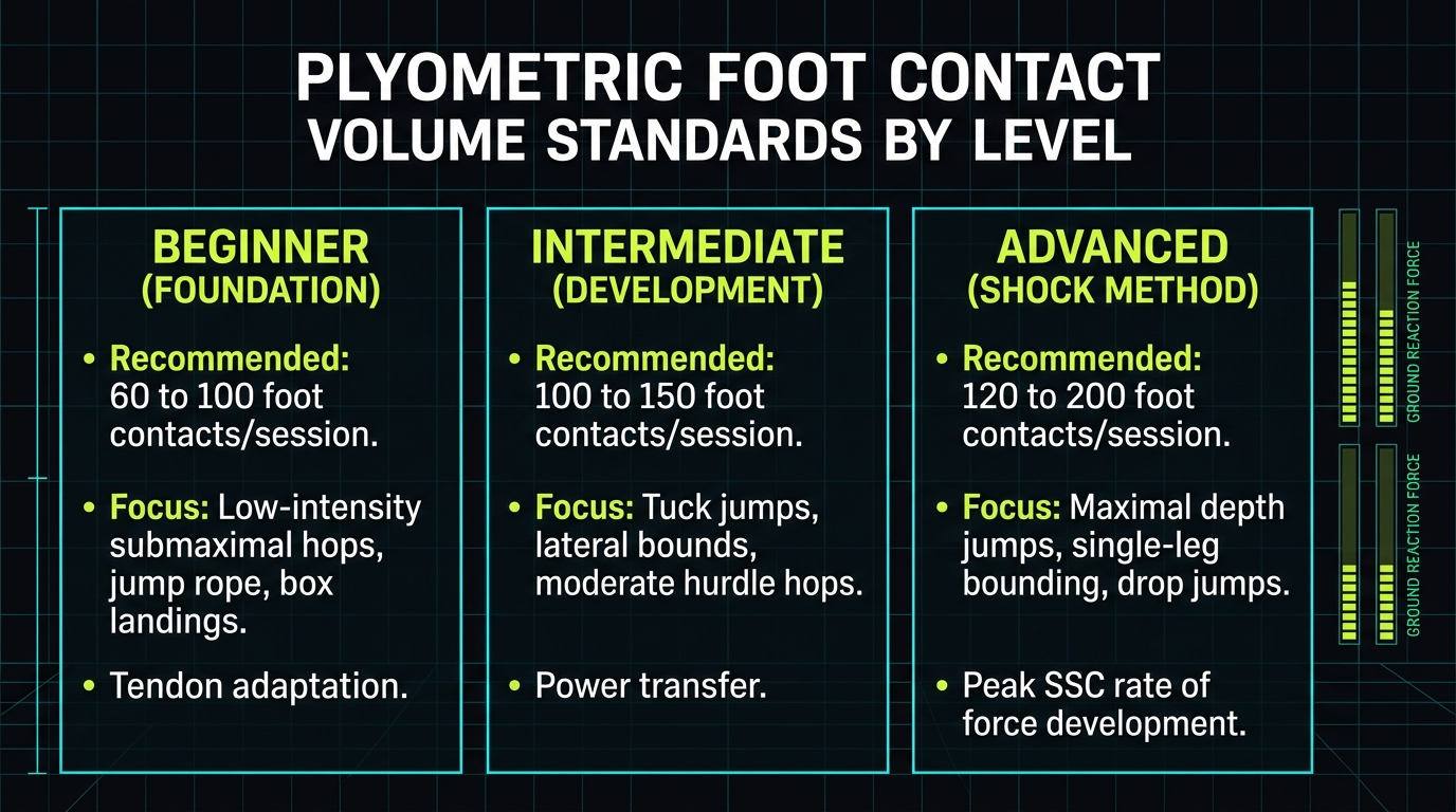 Weekly plyometric foot contact volume guidelines by athletic tier: beginner, intermediate, and advanced with Ground Reaction Force telemetry