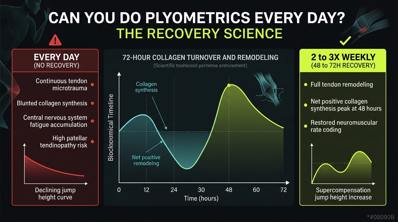 Plyometric frequency comparison infographic: 72-hour collagen turnover curve and supercompensation cycle versus chronic daily tendon overload