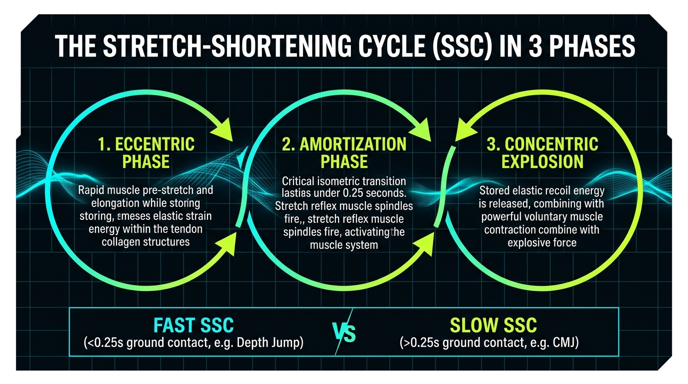 The stretch-shortening cycle in three phases: eccentric pre-stretch, amortization transition under 0.25s, and concentric recoil explosion comparing fast versus slow SSC