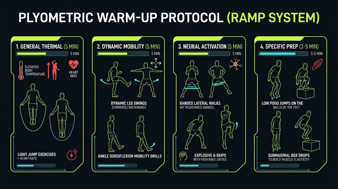 Plyometric warm-up protocol flowchart RAMP system: general thermal, dynamic mobility, neural activation, and specific PAP elasticity prep