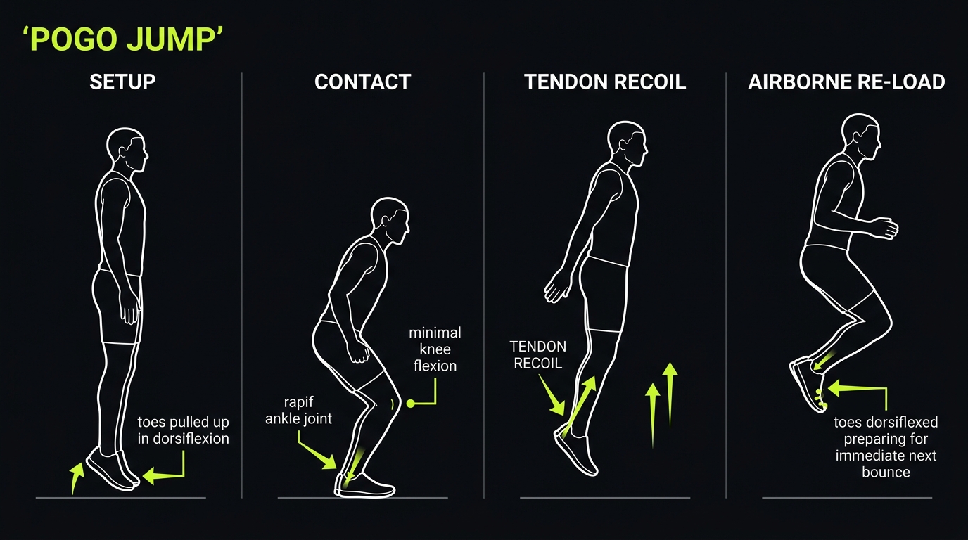Pogo jump ankle stiffness breakdown: dorsiflexed setup, minimal knee bend forefoot contact, tendon recoil, and airborne reload